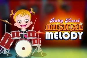 Em bé hoạt hình đang chơi trống với chữ Baby Hazel Musical Melody bên cạnh