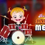 Em bé hoạt hình đang chơi trống với chữ Baby Hazel Musical Melody bên cạnh