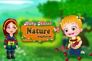 Hai nhân vật hoạt hình đứng ở một khu rừng xanh mát, với một bảng hiệu có chữ Nature Explorer
