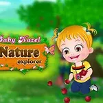 Hai nhân vật hoạt hình đứng ở một khu rừng xanh mát, với một bảng hiệu có chữ Nature Explorer