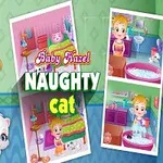 Bé gái tóc vàng cười tươi bên cạnh chú mèo trắng, với ba hình ảnh nhỏ khác nhau của bé và mèo trong phòng tắm và phòng ngủ