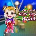 Hai nhân vật hoạt hình dễ thương trong trang phục mùa đông với nền bữa tiệc năm mới đầy màu sắc và chữ New Year Bash