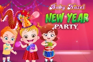 Ba đứa trẻ vui vẻ tổ chức tiệc năm mới với bóng bay và trống, phía sau có một con rồng lấp lánh và trang trí đèn màu