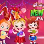 Ba đứa trẻ vui vẻ tổ chức tiệc năm mới với bóng bay và trống, phía sau có một con rồng lấp lánh và trang trí đèn màu