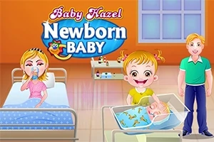 Cô bé đang nhìn em bé mới sinh trong nôi, bên cạnh là người phụ nữ nằm trên giường và người đàn ông đứng