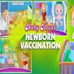 Em bé tóc vàng trong nôi với biểu cảm vui vẻ và đồ chơi treo trên nôi cùng với ba bức tranh nhỏ về hoạt động cùng trẻ khác