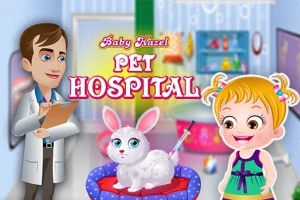 Một bác sĩ thú y và một cô bé đứng cạnh một con thỏ nhỏ đang tiêm trong một bệnh viện thú cưng