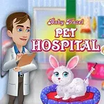 Một bác sĩ thú y và một cô bé đứng cạnh một con thỏ nhỏ đang tiêm trong một bệnh viện thú cưng