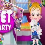 Bé gái tóc vàng buộc hai bên ôm chú mèo trắng trong một căn phòng màu sắc sặc sỡ với đồ chơi và hình ảnh hoạt động khác