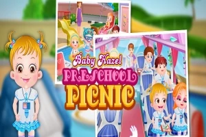 Một đứa trẻ mặc đồng phục mẫu giáo đứng trước hình ảnh lớp học và xe buýt cùng dòng chữ Preschool Picnic
