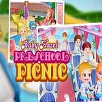 Một đứa trẻ mặc đồng phục mẫu giáo đứng trước hình ảnh lớp học và xe buýt cùng dòng chữ Preschool Picnic