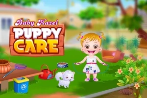 Bé gái đang đứng ngoài trời bên cạnh một chú chó con, với tựa đề Baby Hazel Puppy Care hiển thị ở góc trái