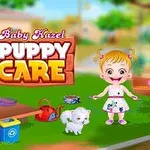 Bé gái đang đứng ngoài trời bên cạnh một chú chó con, với tựa đề Baby Hazel Puppy Care hiển thị ở góc trái