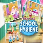 Một bé gái cười với mái tóc xinh xắn trong phòng học đầy màu sắc, bên cạnh là ba bức hình nhỏ và dòng chữ School Hygiene