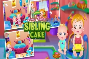 Hình ảnh có hai em bé trong một căn phòng đầy màu sắc, với các hình minh họa về chăm sóc trẻ em xung quanh