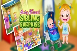 Bé gái đứng cạnh em bé ngồi trong xe đẩy, với hai ảnh nhỏ thể hiện các hoạt động khác nhau ở phía bên trái