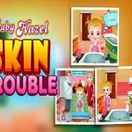 Bé gái tóc vàng mặc váy hồng đứng cạnh chữ Baby Hazel Skin Trouble và ba ảnh nhỏ minh họa tình huống liên quan
