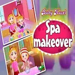 Bé gái tóc vàng trong trang phục màu hồng bên cạnh tiêu đề Spa Makeover trên nền màu sắc tươi sáng
