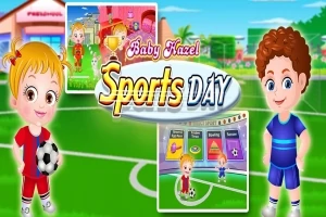 Các nhân vật hoạt hình trẻ em đứng trên sân bóng đá, cùng với chữ Sports Day trên nền tươi sáng