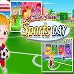 Các nhân vật hoạt hình trẻ em đứng trên sân bóng đá, cùng với chữ Sports Day trên nền tươi sáng