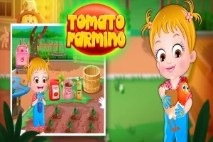 Bé gái tóc vàng mặc yếm xanh cầm cà chua đứng cạnh vườn cây cà chua, với biểu tượng Tomato Farming ở góc trên