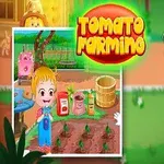 Bé gái tóc vàng mặc yếm xanh cầm cà chua đứng cạnh vườn cây cà chua, với biểu tượng Tomato Farming ở góc trên