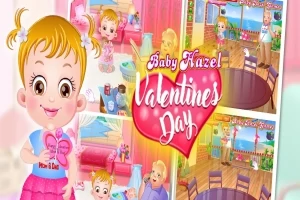 Một bé gái tóc vàng dễ thương cầm món quà trong một căn phòng màu sắc vui tươi, với chữ Valentines Day nổi bật ở giữa