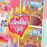 Một bé gái tóc vàng dễ thương cầm món quà trong một căn phòng màu sắc vui tươi, với chữ Valentines Day nổi bật ở giữa