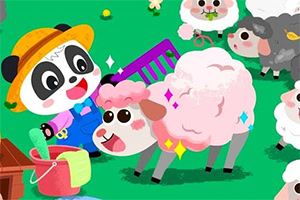 Một chú gấu trúc đội nón vàng đang chải lông cho con cừu có bộ lông bông màu hồng, xung quanh có nhiều con cừu khác trên cánh đồng xanh
