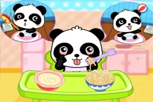 Một chú gấu trúc dễ thương đang ngồi trước bàn với một tô mì và một chén súp, cùng hai hình ảnh khác thể hiện các hoạt động ăn uống của gấu trúc