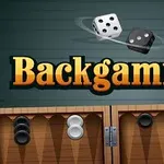 Hai con xúc xắc lăn trên nền xanh với chữ Backgammon nổi bật ở giữa và một phần bàn cờ với các quân cờ trắng đen ở phía dưới
