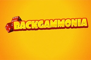 Dòng chữ BACKGAMMONIA màu vàng với viền đỏ, bên cạnh hai viên xí ngầu đỏ trên nền màu vàng cam