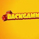 Dòng chữ BACKGAMMONIA màu vàng với viền đỏ, bên cạnh hai viên xí ngầu đỏ trên nền màu vàng cam