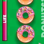 Ba chiếc bánh donut hồng với kẹo màu nằm trên nền xanh lá cây, bên cạnh là thanh chỉ mức Life và từ DONUTS