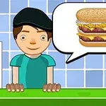 Nhân vật hoạt hình đội mũ đứng trước quầy với bong bóng thoại có hình ảnh bánh hamburger