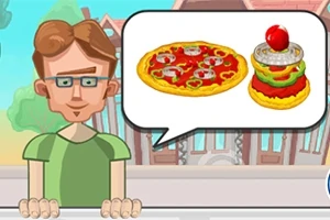 Một nhân vật đang đứng trước cửa hàng, trong bóng thoại có hình ảnh một chiếc bánh pizza và một chiếc bánh kẹp