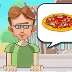 Một nhân vật đang đứng trước cửa hàng, trong bóng thoại có hình ảnh một chiếc bánh pizza và một chiếc bánh kẹp
