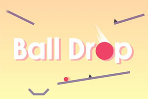 Chữ Ball Drop màu trắng với biểu tượng quả bóng đỏ và các đường thẳng màu tím trên nền vàng nhạt