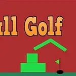 Chữ Ball Golf nổi bật trên nền đỏ với các hình khối màu xanh lá và cờ gôn ở góc dưới