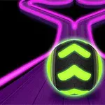 Quả bóng phát sáng màu xanh lá nằm trên đường lăn màu tím với đường viền ánh sáng hồng neon