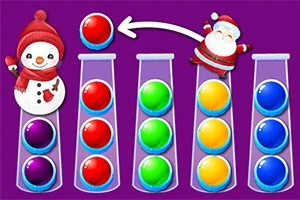 Ông già Noel và người tuyết đứng cạnh các ống chứa đầy bóng màu sắc trên nền tím