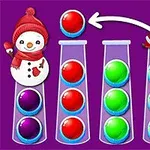 Ông già Noel và người tuyết đứng cạnh các ống chứa đầy bóng màu sắc trên nền tím