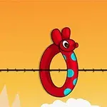 Hình ảnh một vòng tròn đỏ có tai và mũi giống chuột, với các đốm màu xanh, nằm trên dây trong khung cảnh có nền trời màu cam