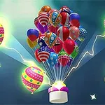 Hình ảnh các quả bóng bay nhiều màu sắc, một số có họa tiết cờ quốc gia, nổi lên từ một chiếc hộp, với ánh sáng tỏa ra xung quanh và một bàn tay nhấn nút màu vàng