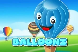 Khinh khí cầu xanh với khuôn mặt vui vẻ, bay trên bầu trời xanh cùng chữ BALLOONZ nổi bật phía dưới