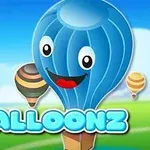 Khinh khí cầu xanh với khuôn mặt vui vẻ, bay trên bầu trời xanh cùng chữ BALLOONZ nổi bật phía dưới