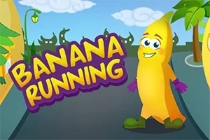 Hình ảnh một nhân vật quả chuối đang đứng trên con đường, xung quanh có cây cối, với dòng chữ BANANA RUNNING nổi bật