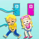 Hai nhân vật hoạt hình, một nam và một nữ, đang đứng trước hai cánh cửa nhà vệ sinh với vẻ mặt lo lắng