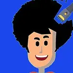 Người đàn ông hoạt hình đang được cắt tóc bằng tông đơ trên nền xanh