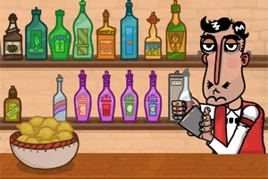 Nhân viên pha chế với biểu cảm chán nản đứng sau quầy bar, xung quanh là các chai rượu đầy màu sắc và một bát chanh